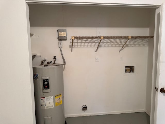 laundry area with hookup for an electric dryer, washer hookup, water heater, and laundry area