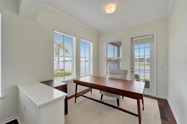 office with crown molding, baseboards, and wood finished floors