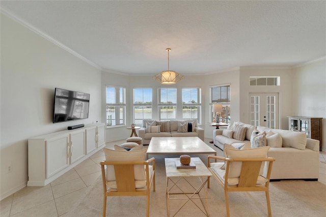 living room featuring visible vents, ornamental molding, french doors, light tile patterned floors, and baseboards