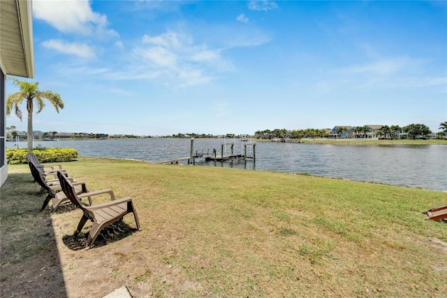 dock area featuring a yard and a water view