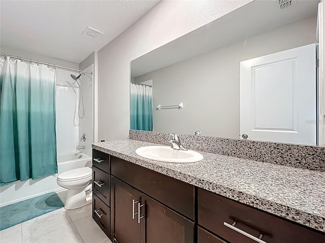 bathroom featuring vanity, shower / bathtub combination with curtain, visible vents, tile patterned flooring, and toilet