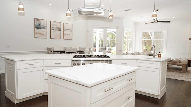 kitchen featuring a sink, a center island, french doors, crown molding, and dark wood-style flooring