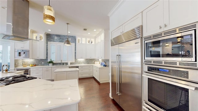 kitchen featuring tasteful backsplash, glass insert cabinets, built in appliances, island range hood, and a sink