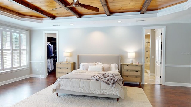 bedroom with wood finished floors, wood ceiling, baseboards, and beam ceiling