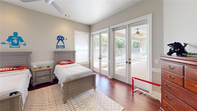 bedroom featuring a ceiling fan, wood finished floors, recessed lighting, french doors, and access to outside