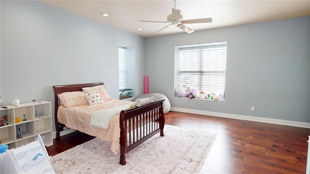 bedroom with recessed lighting, a ceiling fan, baseboards, and wood finished floors