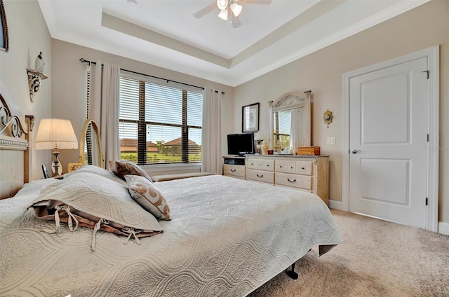 bedroom featuring a raised ceiling, a ceiling fan, and carpet floors