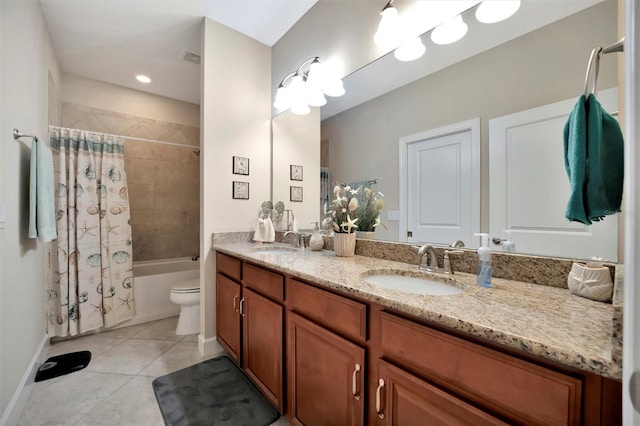 full bathroom featuring tile patterned flooring, shower / bath combination with curtain, double vanity, and a sink