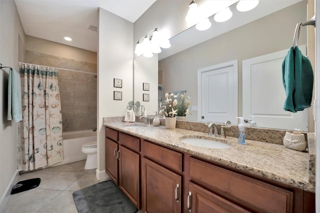 full bath with tile patterned flooring, shower / bath combination with curtain, double vanity, and a sink