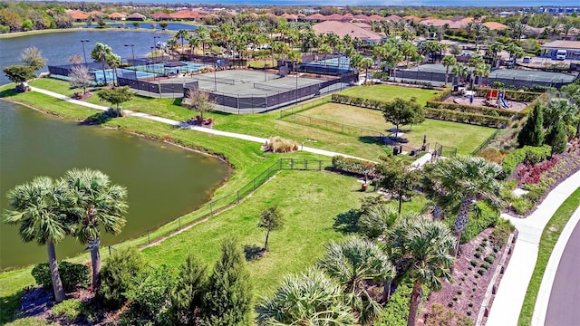 drone / aerial view featuring a water view