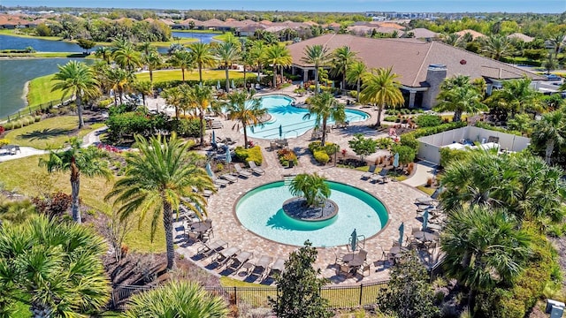 drone / aerial view with a water view