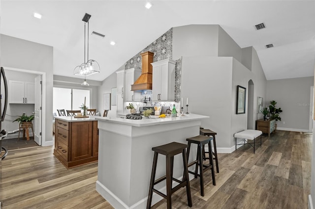 kitchen featuring visible vents, light countertops, custom range hood, and wood finished floors