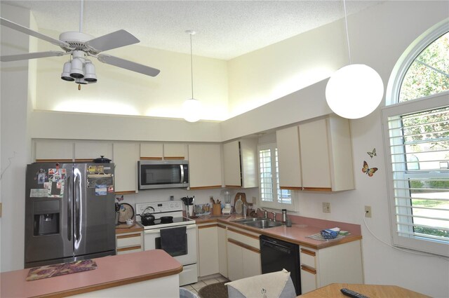 kitchen featuring a sink, a textured ceiling, appliances with stainless steel finishes, and a wealth of natural light