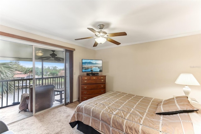 bedroom featuring ornamental molding, ceiling fan, carpet, and access to outside