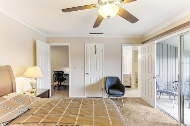 unfurnished bedroom with carpet, baseboards, visible vents, ceiling fan, and crown molding