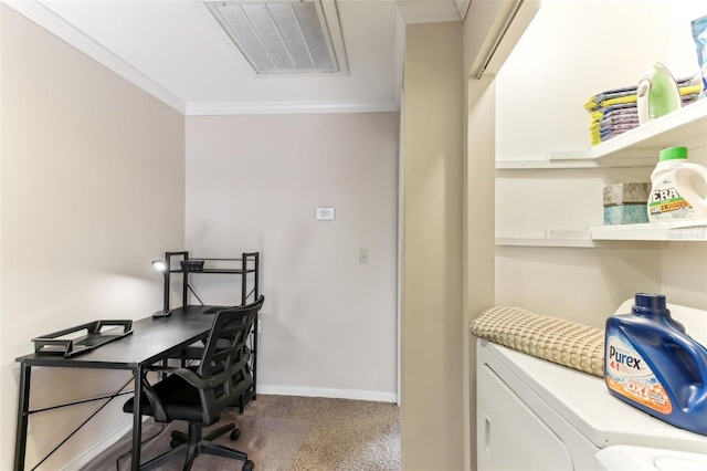 office with visible vents, ornamental molding, carpet, baseboards, and washer / dryer