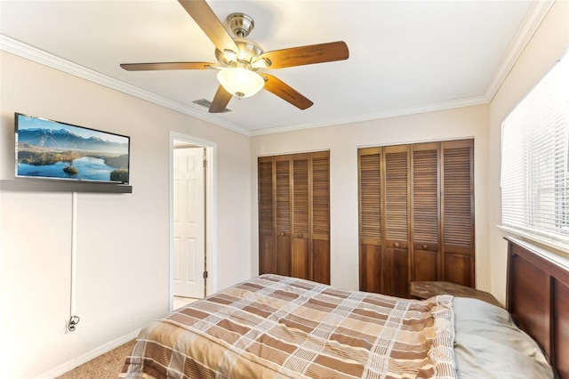 carpeted bedroom with a ceiling fan, two closets, and crown molding