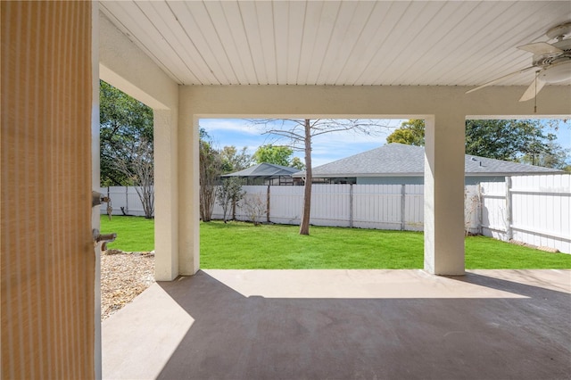 view of patio / terrace with a ceiling fan and a fenced backyard