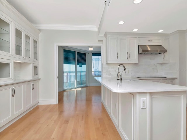 kitchen with a sink, light countertops, under cabinet range hood, black electric stovetop, and light wood-type flooring