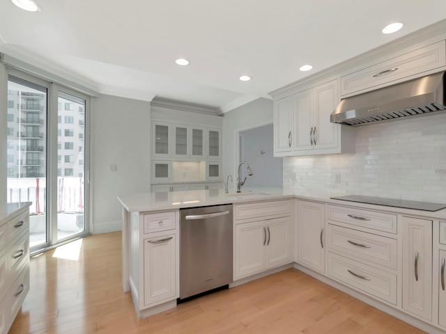 kitchen with ventilation hood, ornamental molding, a sink, stainless steel dishwasher, and black electric stovetop