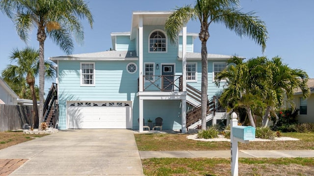 raised beach house with stairs, a garage, and driveway