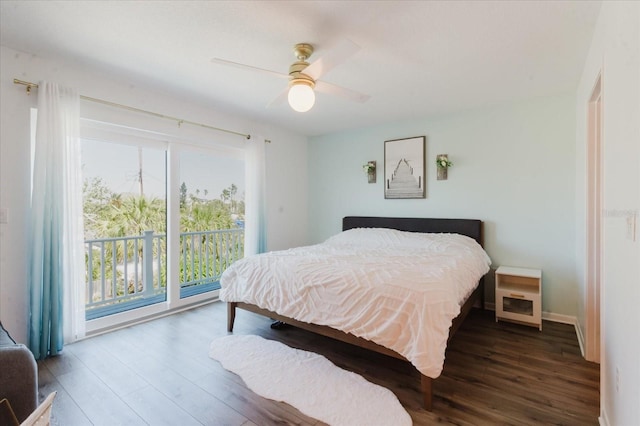 bedroom featuring a ceiling fan, access to outside, wood finished floors, and baseboards