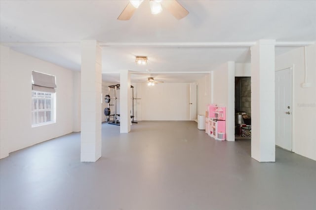 basement featuring ceiling fan