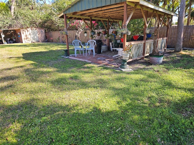 view of yard featuring a fenced backyard, a patio area, a storage shed, and an outdoor structure