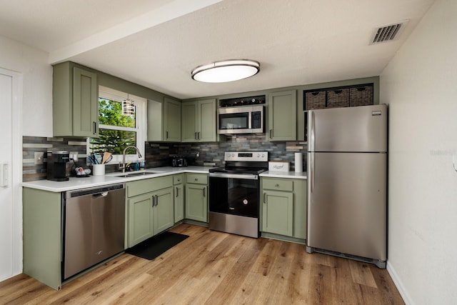 kitchen with green cabinetry, a sink, stainless steel appliances, light countertops, and backsplash