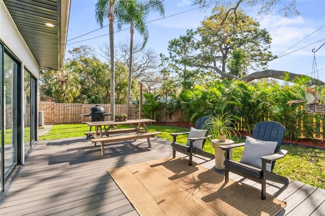 deck with a fenced backyard