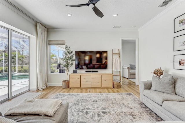 living room with a textured ceiling, light wood-style floors, visible vents, and ornamental molding