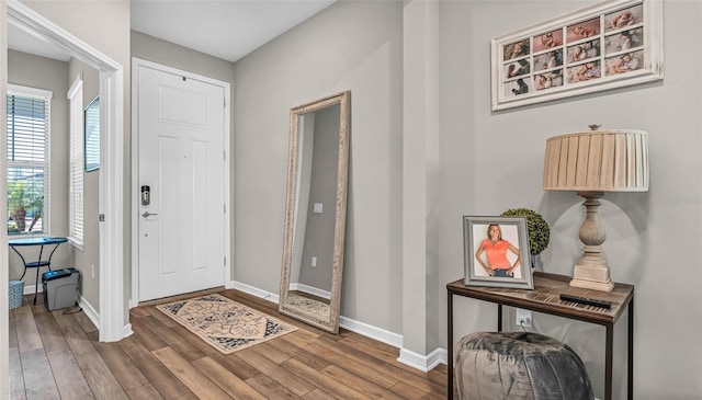 entryway featuring wood finished floors and baseboards