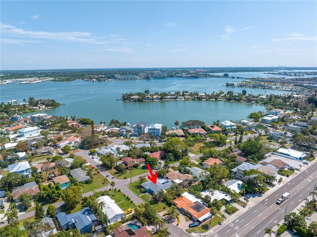 bird's eye view with a water view