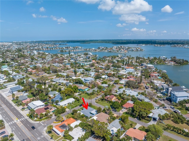 aerial view featuring a water view and a residential view