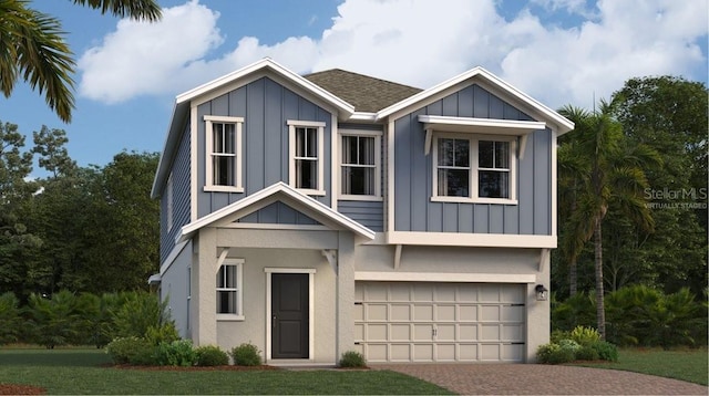 view of front of house featuring decorative driveway, roof with shingles, board and batten siding, and an attached garage