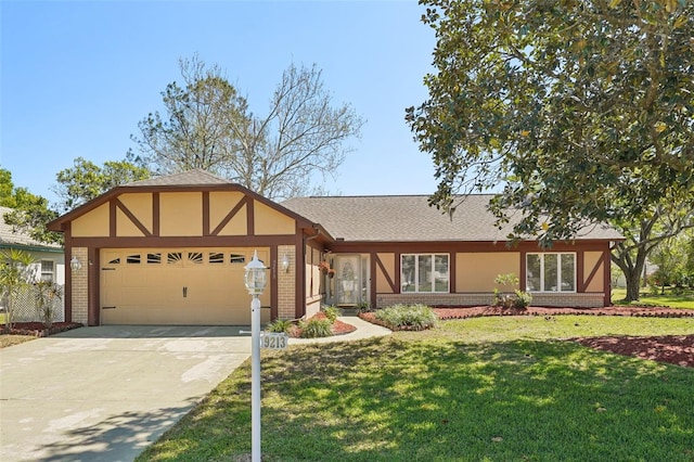 tudor house featuring brick siding, a garage, concrete driveway, and roof with shingles