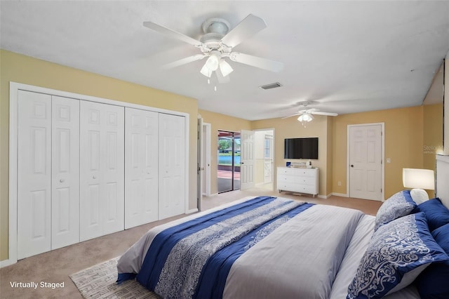 bedroom featuring visible vents, ceiling fan, carpet flooring, a closet, and access to outside