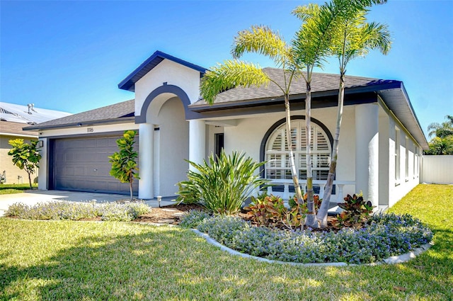 ranch-style house with stucco siding, a front lawn, roof with shingles, concrete driveway, and a garage