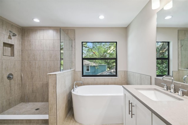 bathroom featuring vanity, a walk in shower, and a healthy amount of sunlight