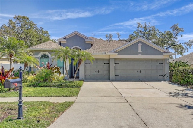 view of front of house with roof with shingles, a garage, driveway, and stucco siding