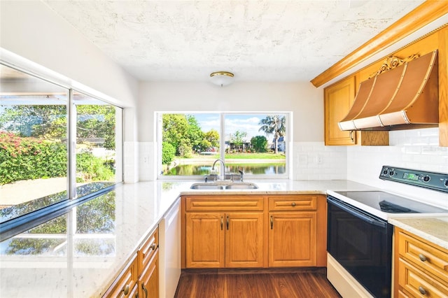 kitchen featuring dark wood finished floors, a sink, electric stove, dishwasher, and wall chimney exhaust hood