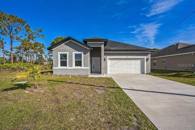 view of front of property with stucco siding, driveway, a front lawn, and a garage