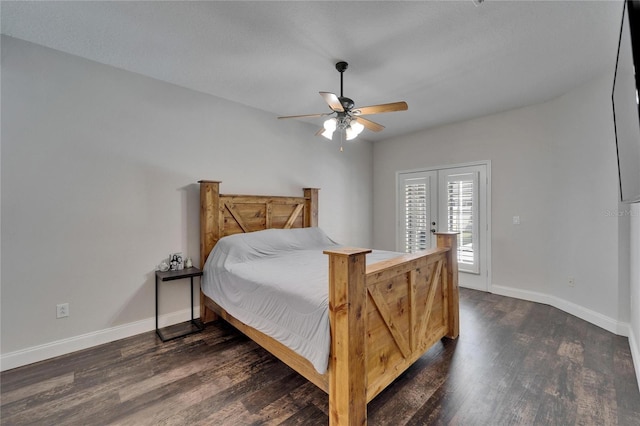 bedroom featuring ceiling fan, baseboards, dark wood-style floors, and access to outside