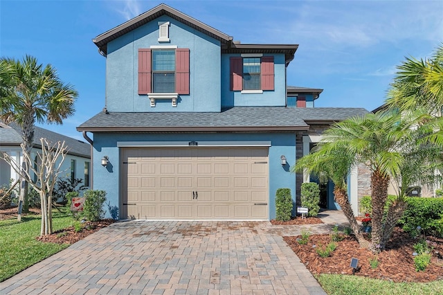 view of front of property featuring stucco siding, decorative driveway, roof with shingles, and an attached garage