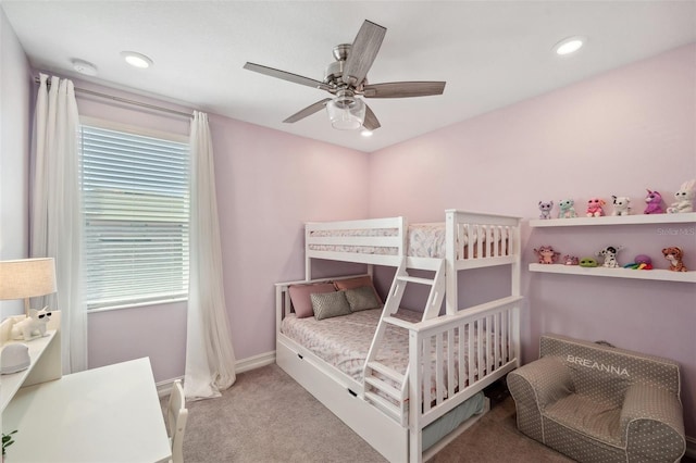 bedroom featuring recessed lighting, baseboards, carpet floors, and a ceiling fan