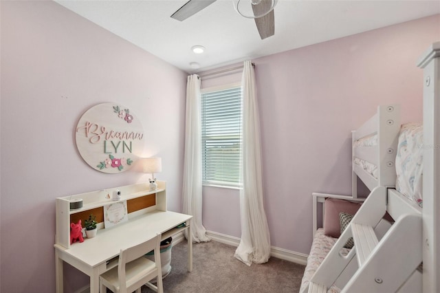 recreation room with baseboards, carpet, and a ceiling fan