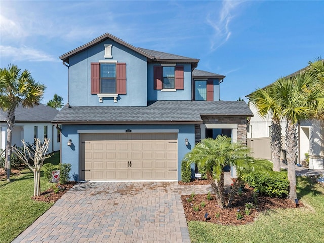 view of front of home featuring a shingled roof, a front yard, stucco siding, decorative driveway, and an attached garage