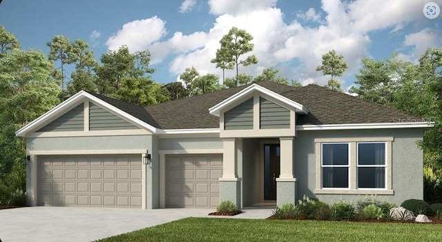 single story home featuring a garage, roof with shingles, driveway, and stucco siding