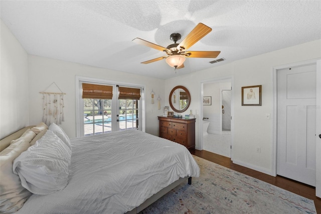 bedroom with a ceiling fan, visible vents, access to exterior, french doors, and a textured ceiling