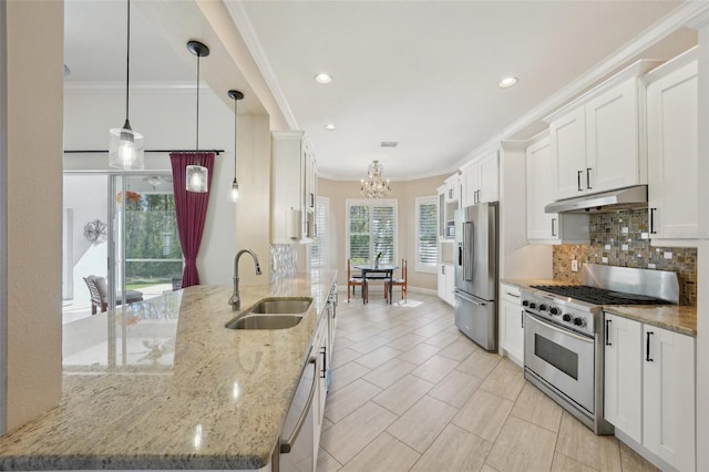 kitchen featuring ornamental molding, a sink, under cabinet range hood, decorative backsplash, and high end appliances